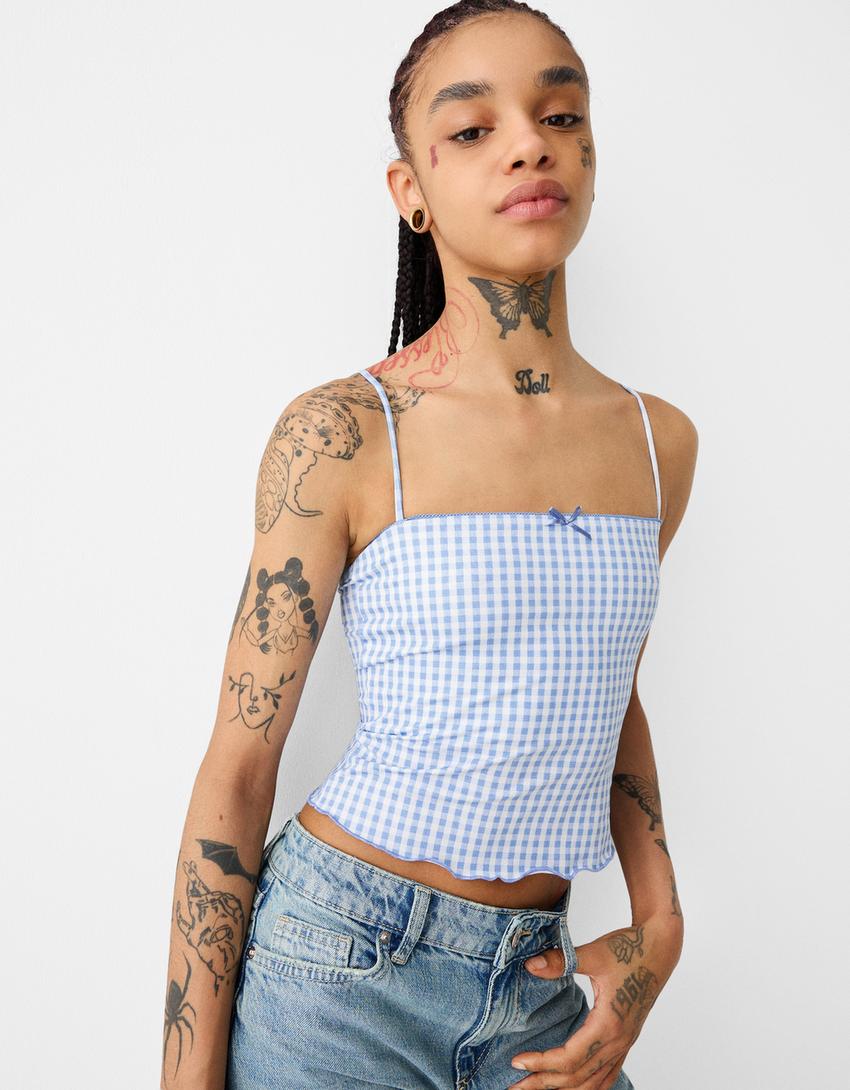 Animal print strappy top with bow detail-Light blue-2