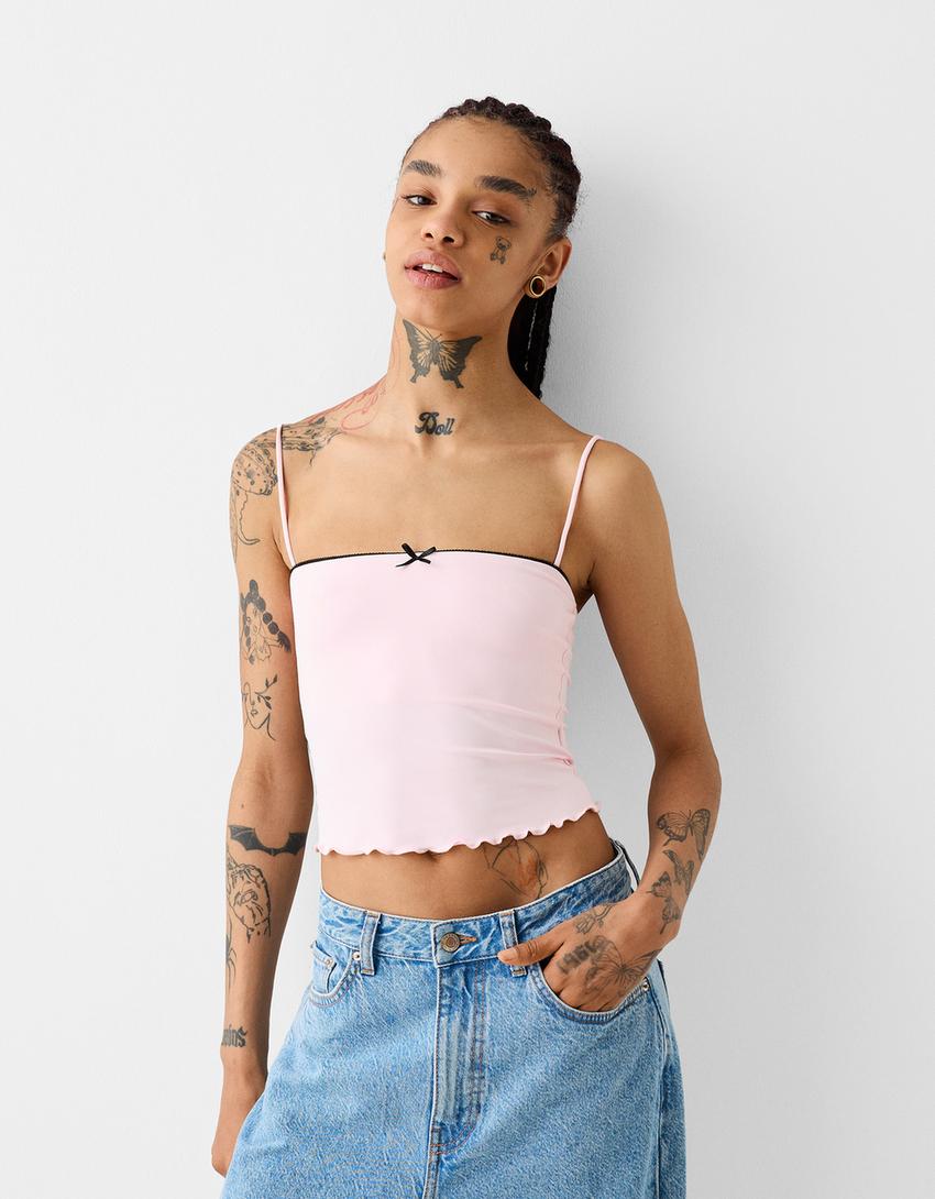 Top con spalline, dettaglio fiocco e stampa animalier-Rosa-0