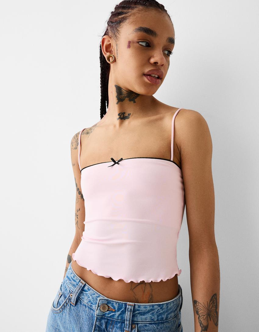 Top con spalline, dettaglio fiocco e stampa animalier-Rosa-2