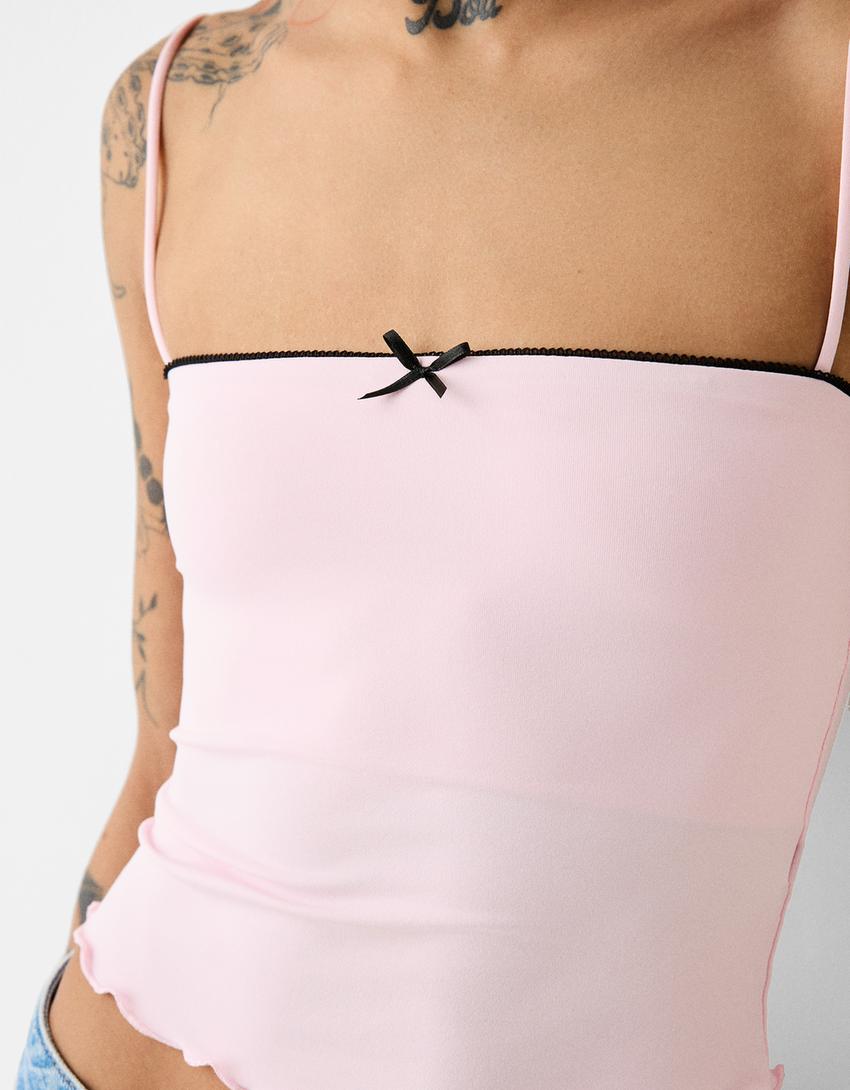 Top con spalline, dettaglio fiocco e stampa animalier-Rosa-5