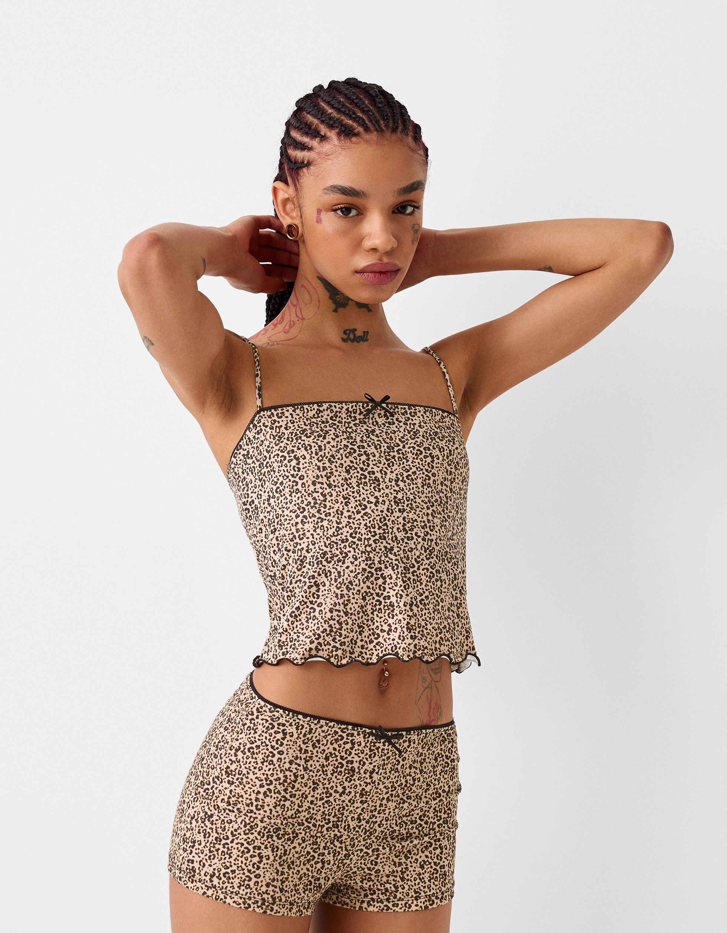 Animal print strappy top with bow detail T shirts and Tops BSK Teen Bershka