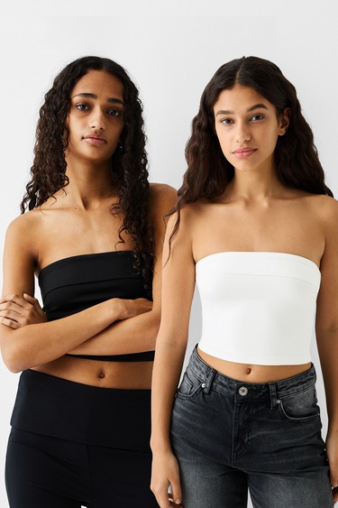 Bershka Bandeau Sheer Crop Top ($23) ❤ liked on Polyvore featuring tops,  white, transparent top, crop top, off the s…