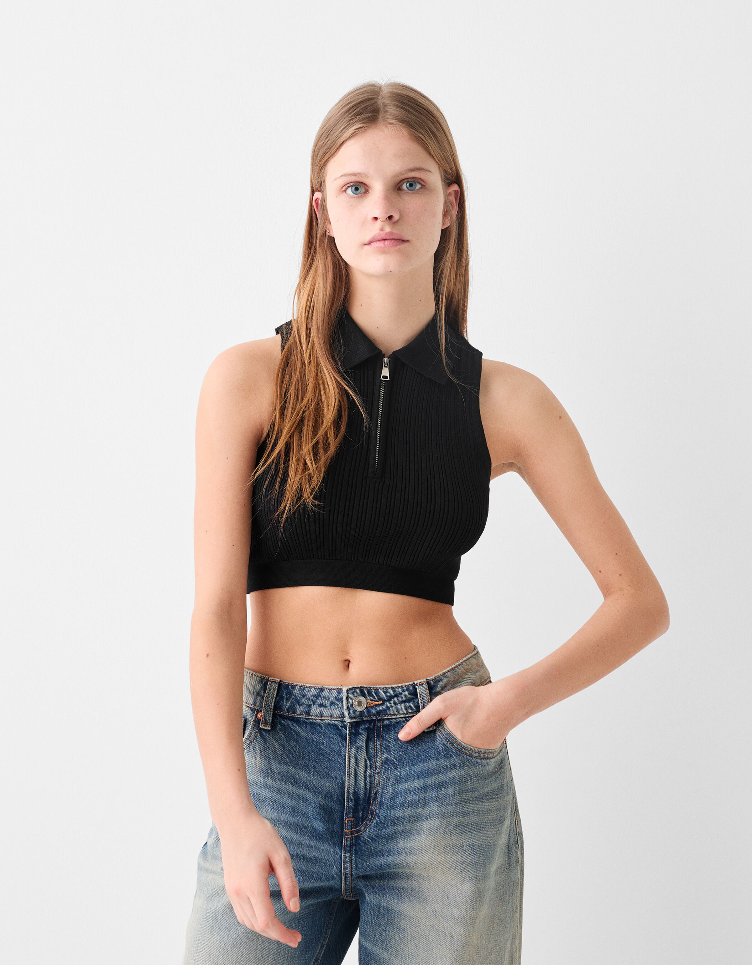 Zip front sleeveless shop top