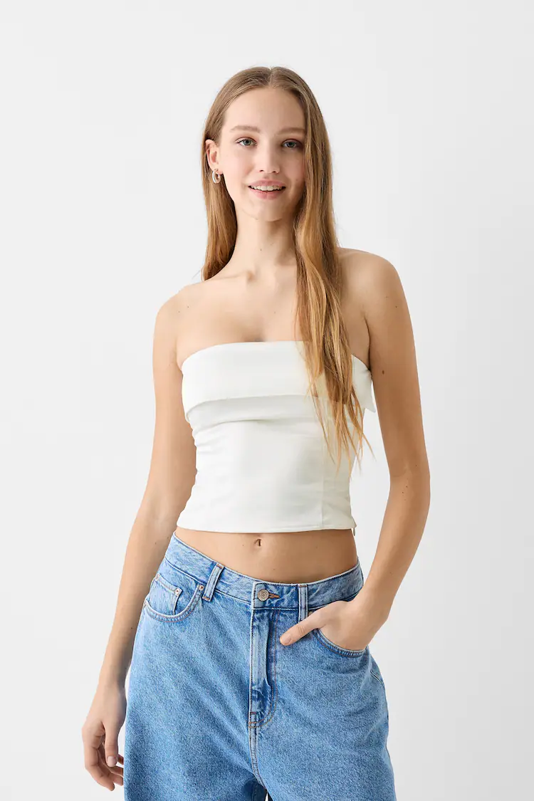 Bershka Bandeau Sheer Crop Top ($23) ❤ liked on Polyvore featuring tops,  white, transparent top, crop top, off the s…