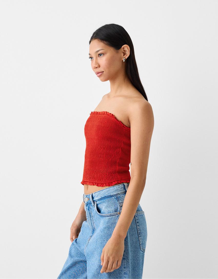 Shirred elastic linen blend top-Red-0