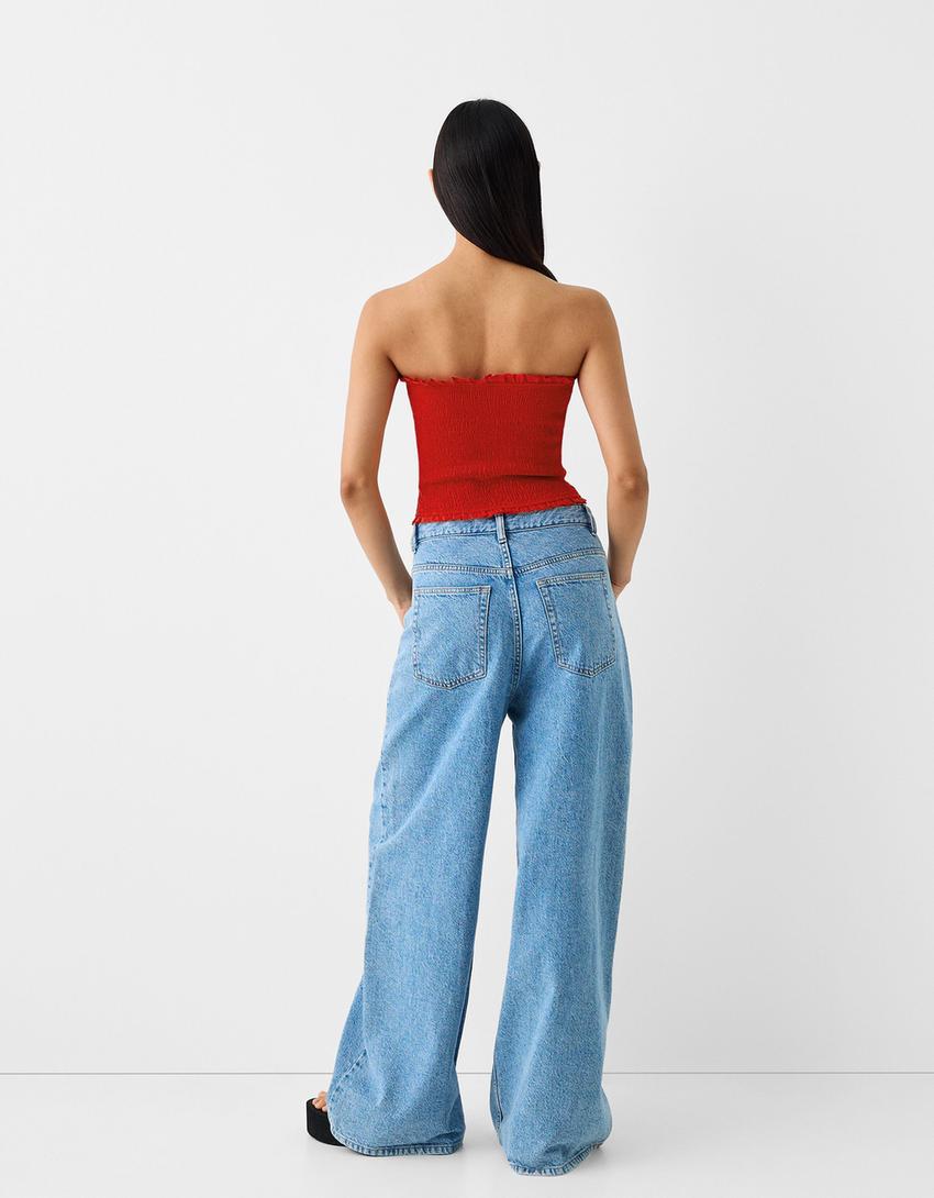 Shirred elastic linen blend top-Red-1