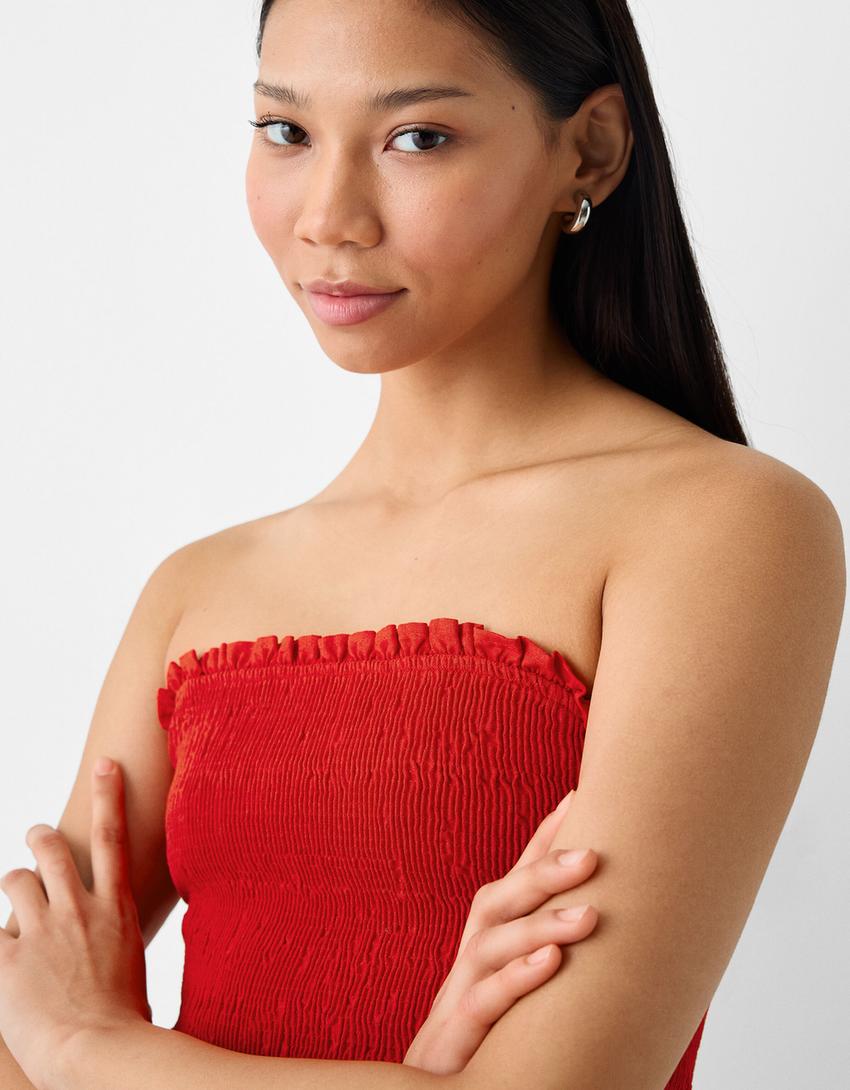 Shirred elastic linen blend top-Red-2