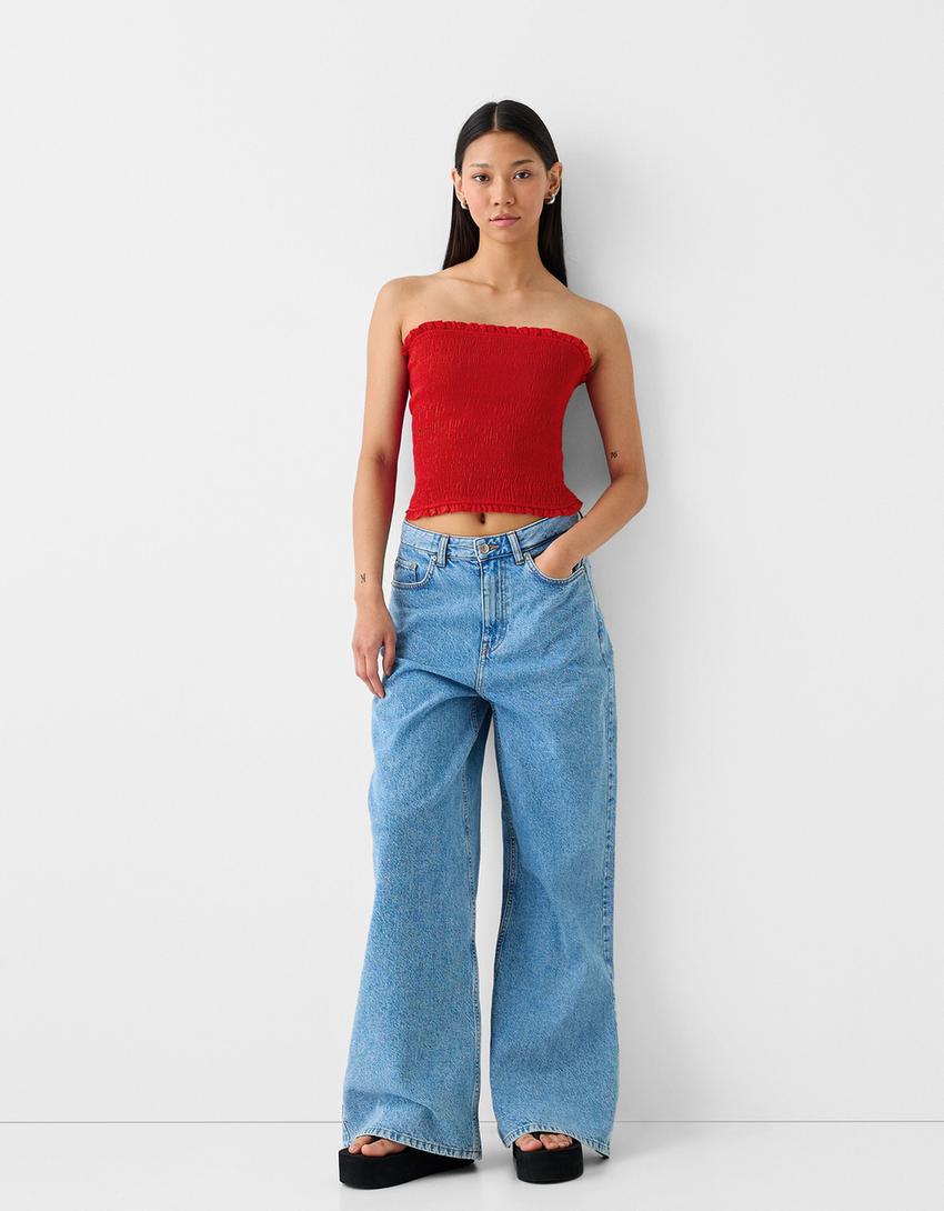 Shirred elastic linen blend top-Red-3