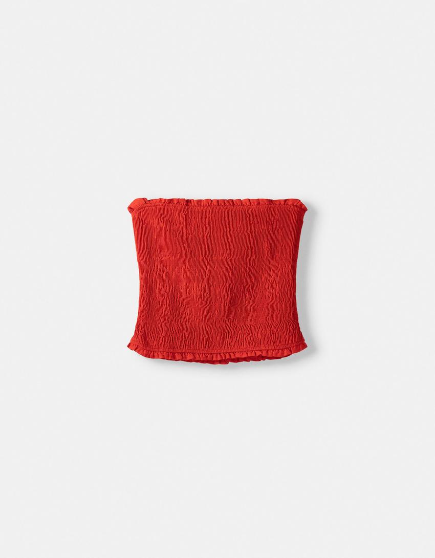 Shirred elastic linen blend top-Red-4