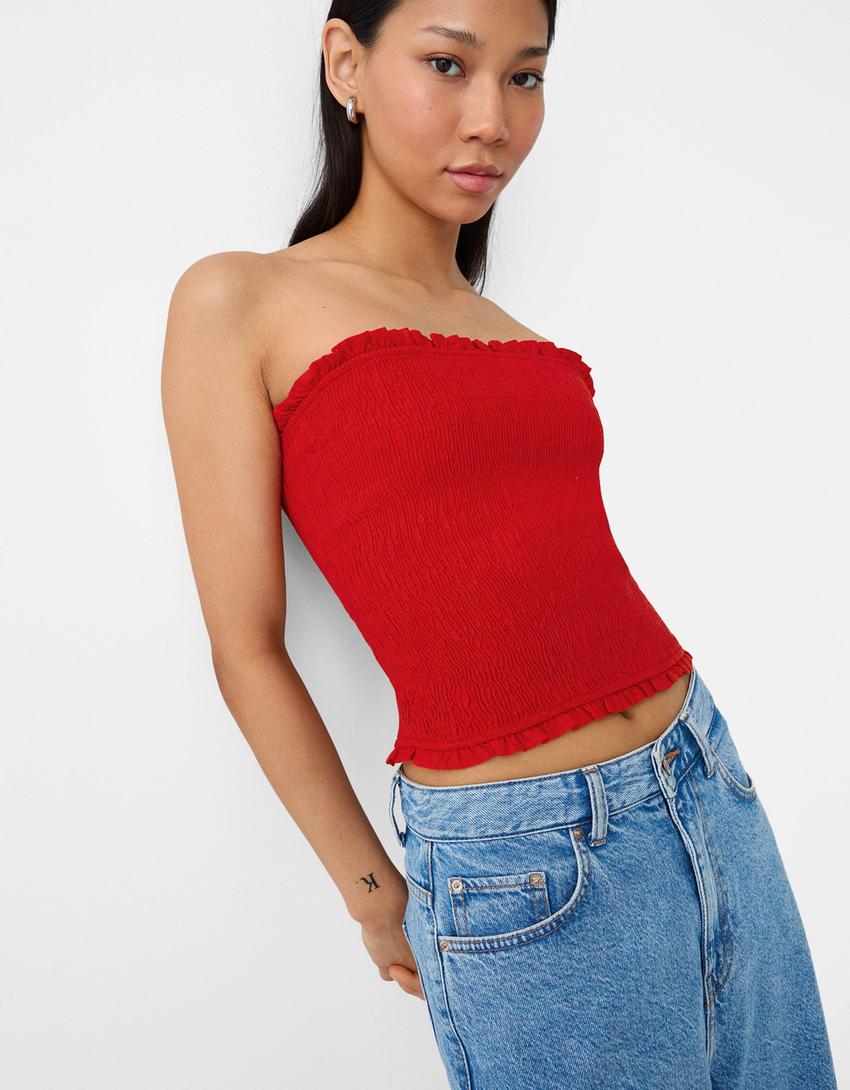 Shirred elastic linen blend top-Red-5