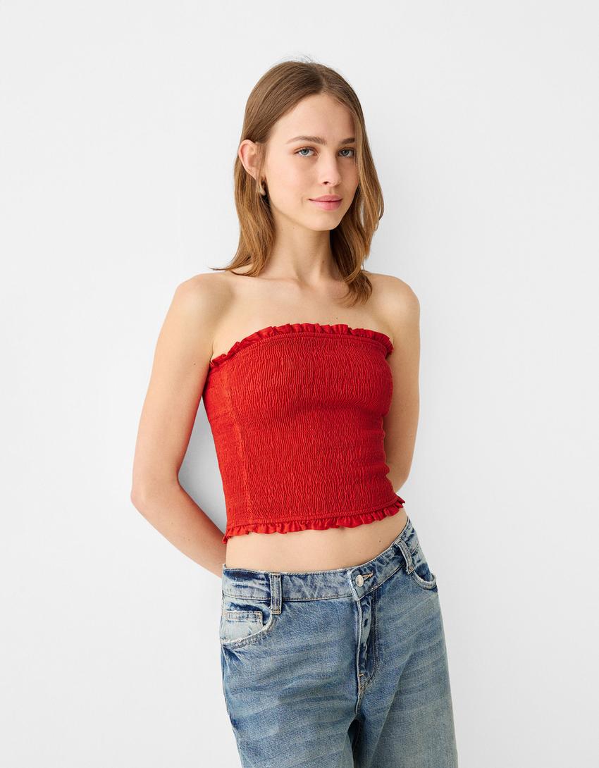 Top lin smocks à fil élastique-Rouge-0