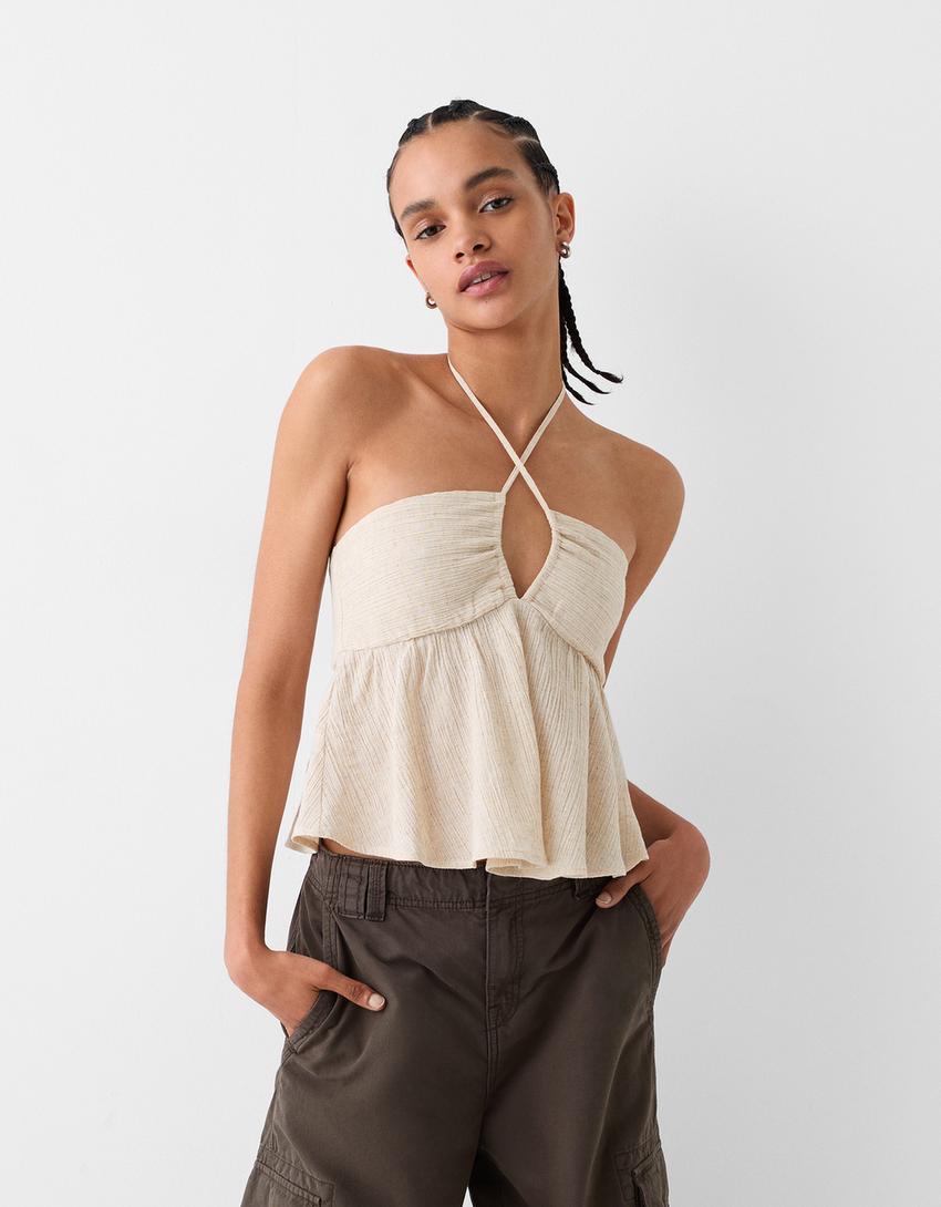 Rustic bandeau top with tie detail-Sand-0