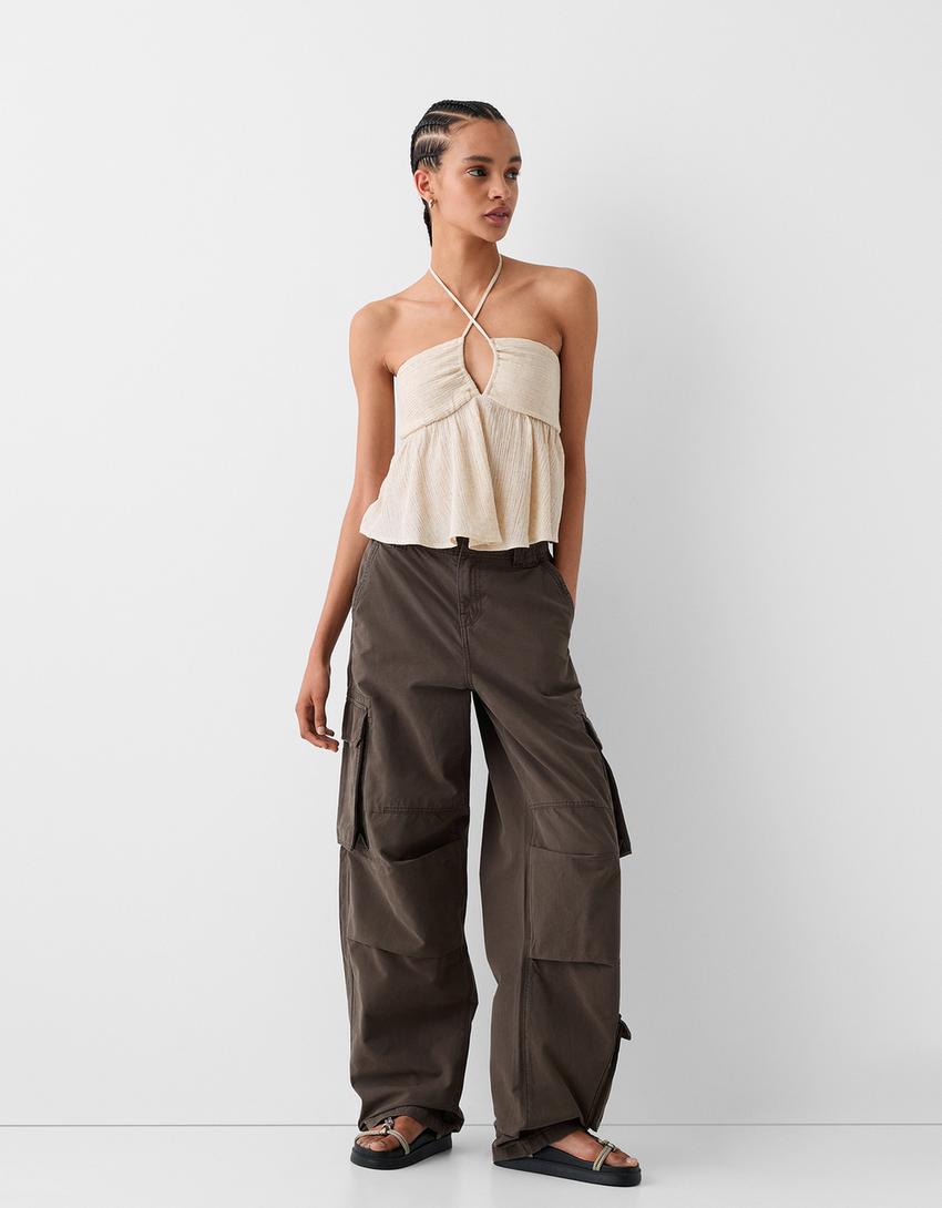 Rustic bandeau top with tie detail-Sand-3