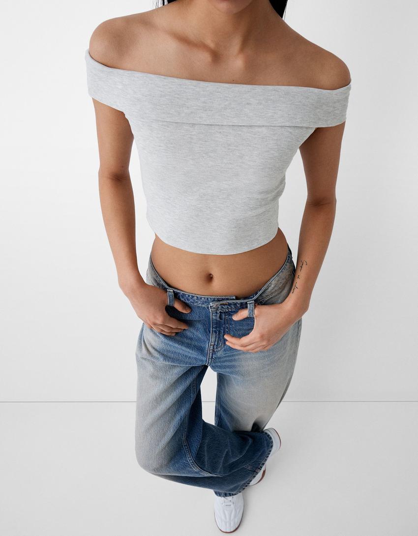 Kısa kollu açık omuzlu t-shirt-Gri-2