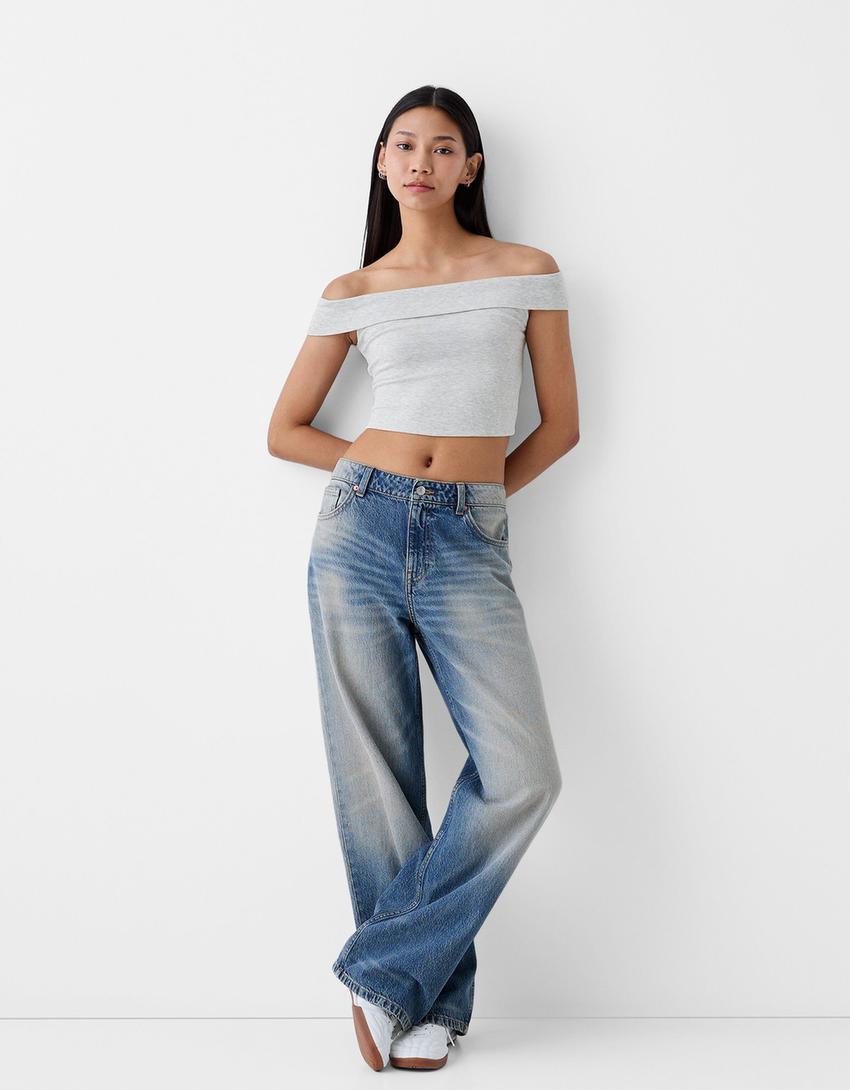 Kısa kollu açık omuzlu t-shirt-Gri-3