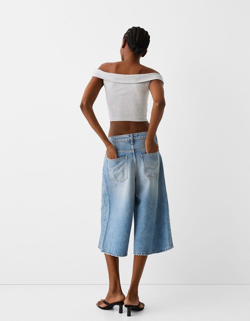 Kısa kollu açık omuzlu t-shirt-Gri-1