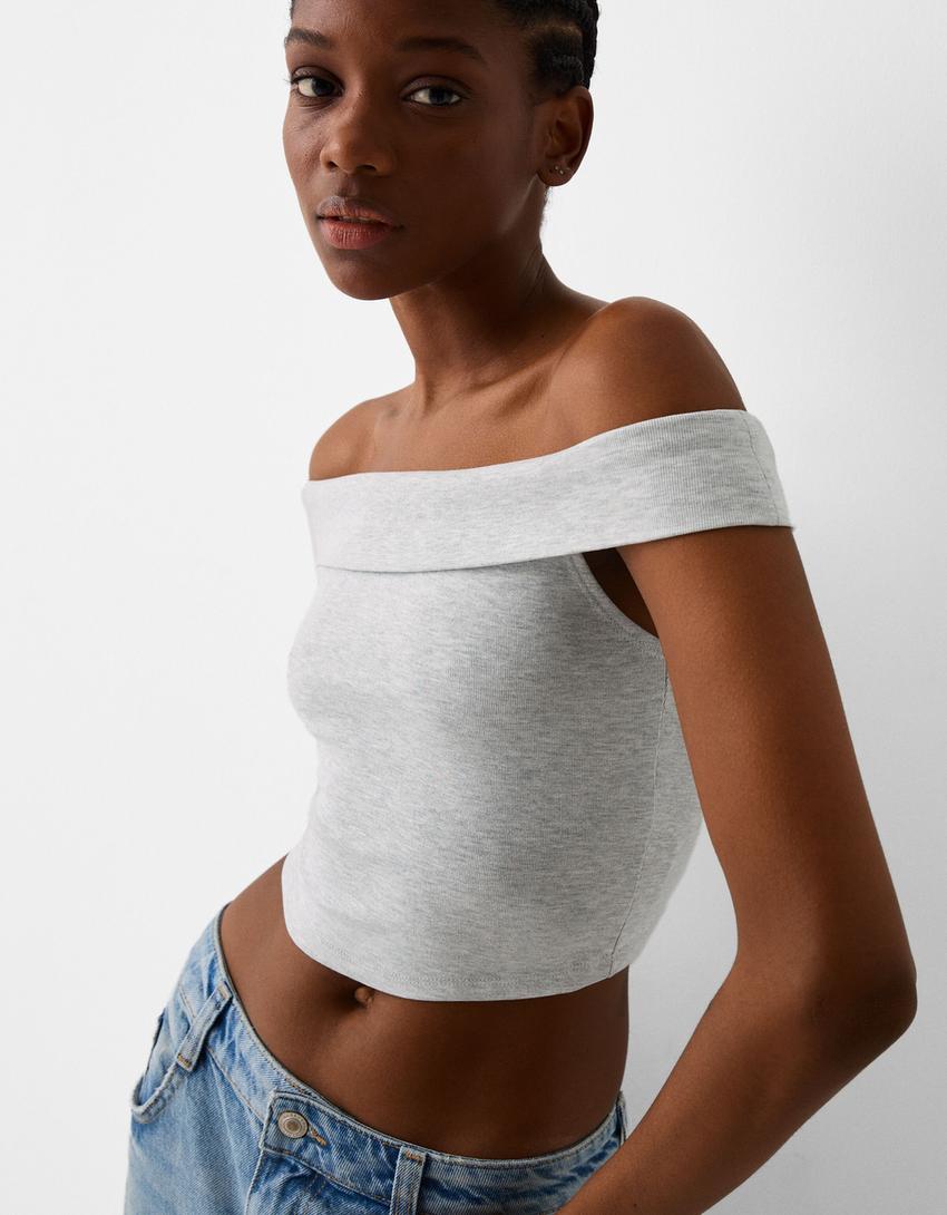 Kısa kollu açık omuzlu t-shirt-Gri-2