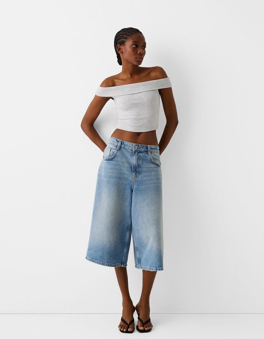 Kısa kollu açık omuzlu t-shirt-Gri-3