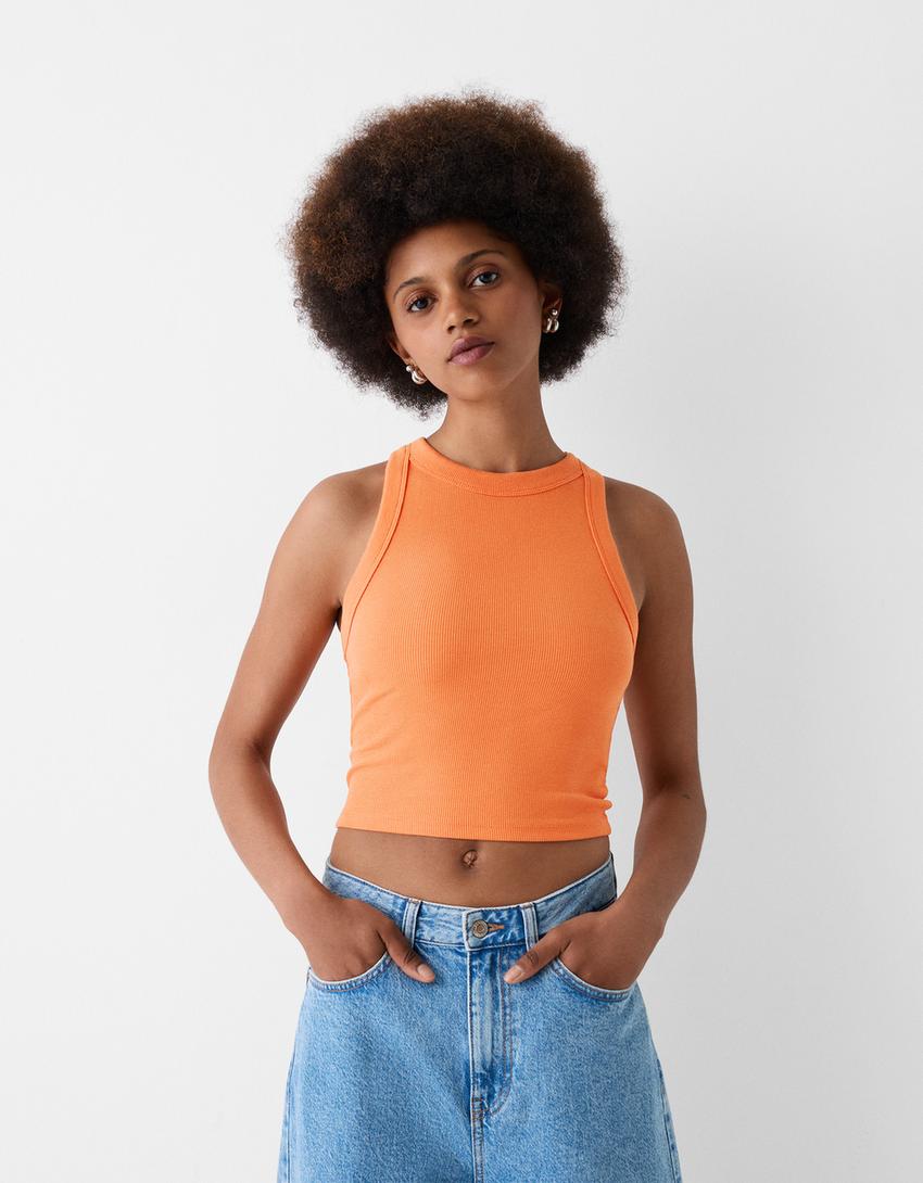 Fitilli kolsuz t-shirt-Turuncu-0