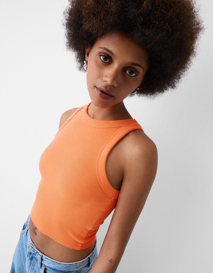 Fitilli kolsuz t-shirt-Turuncu-2