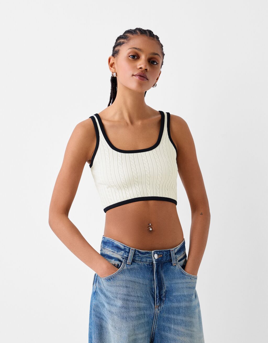 Contrast cable-knit top-Cream-0