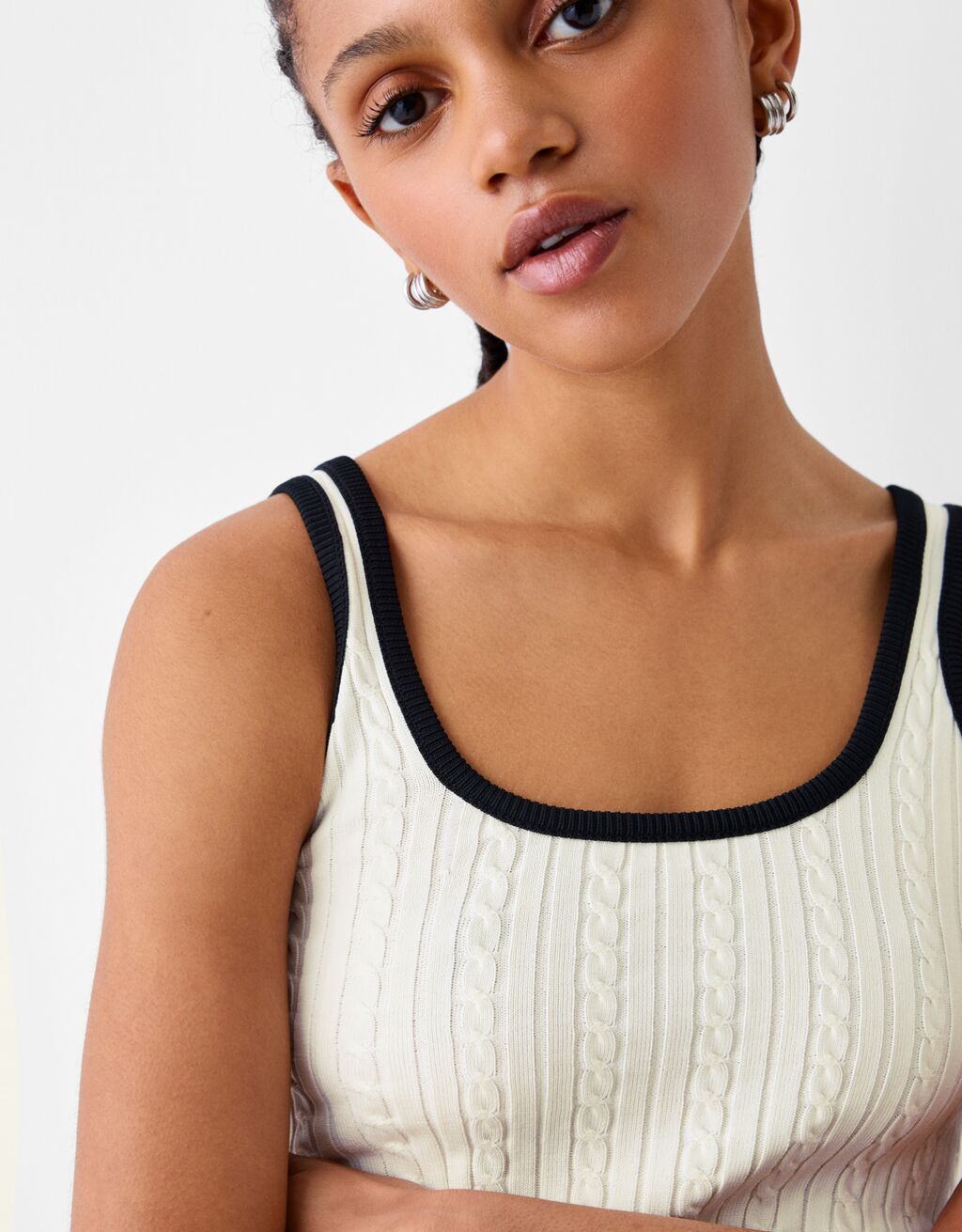 Contrast cable-knit top-Cream-2