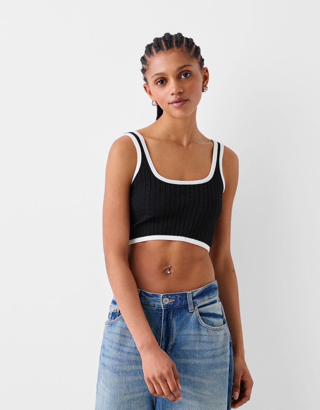 Contrast cable-knit top-Black-0