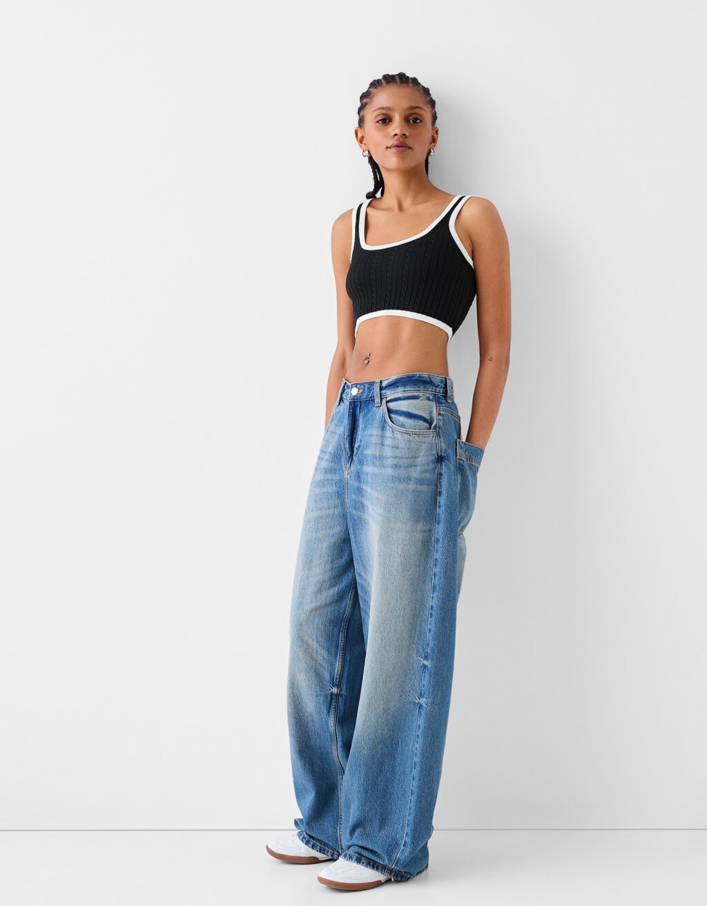 Contrast cable-knit top-Black-3