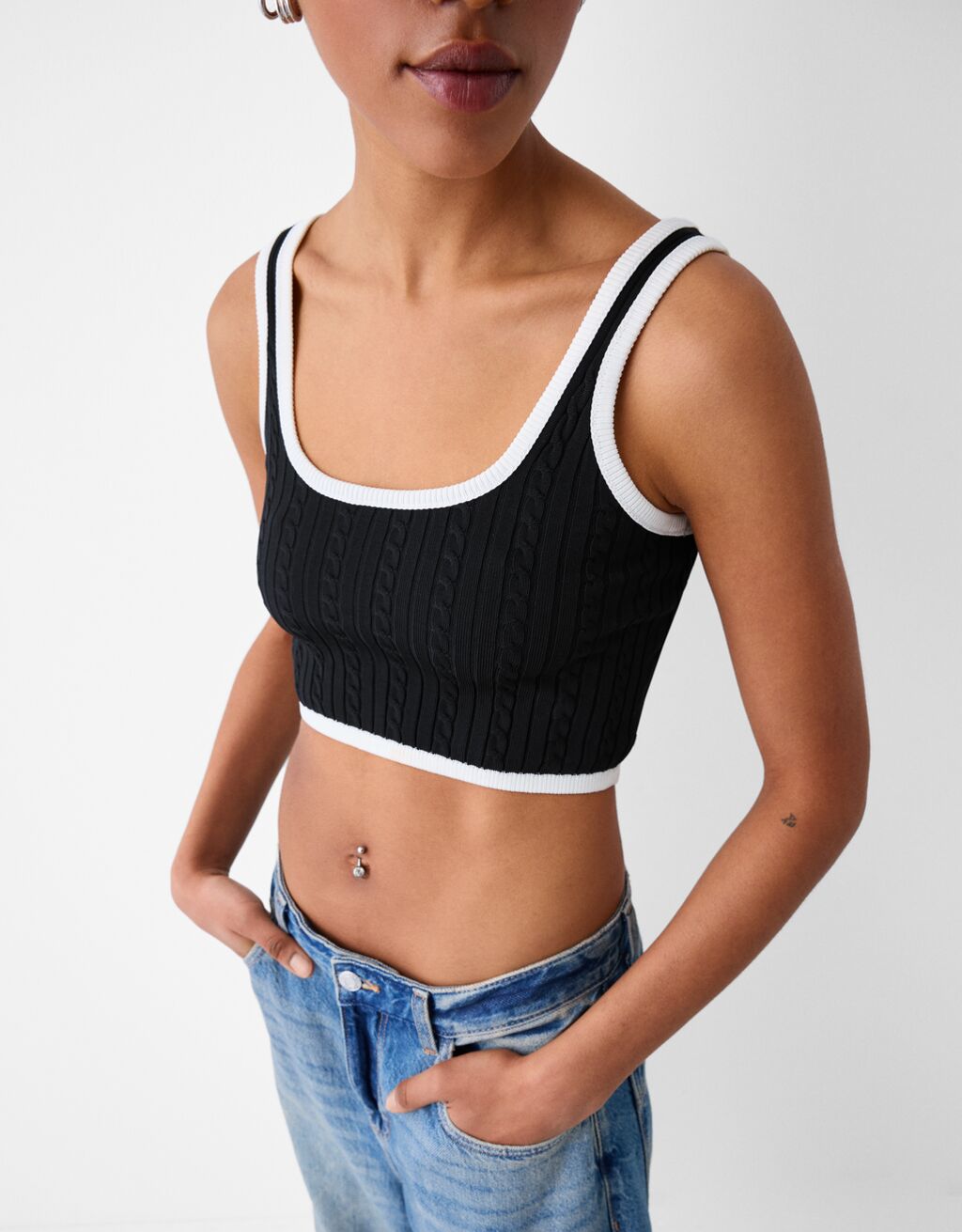 Contrast cable-knit top-Black-5