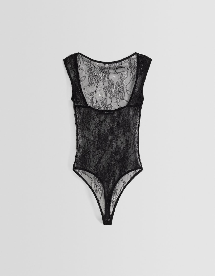 Short sleeve open back lace bodysuit - Women | Bershka