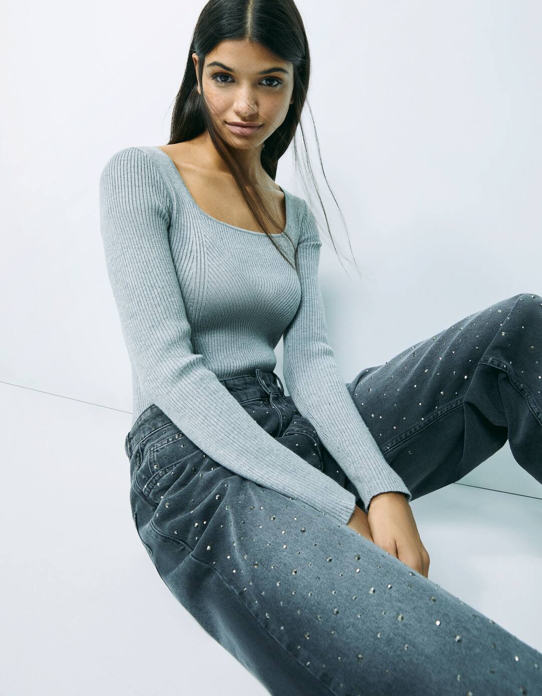 Long sleeve knit bodysuit with square neckline