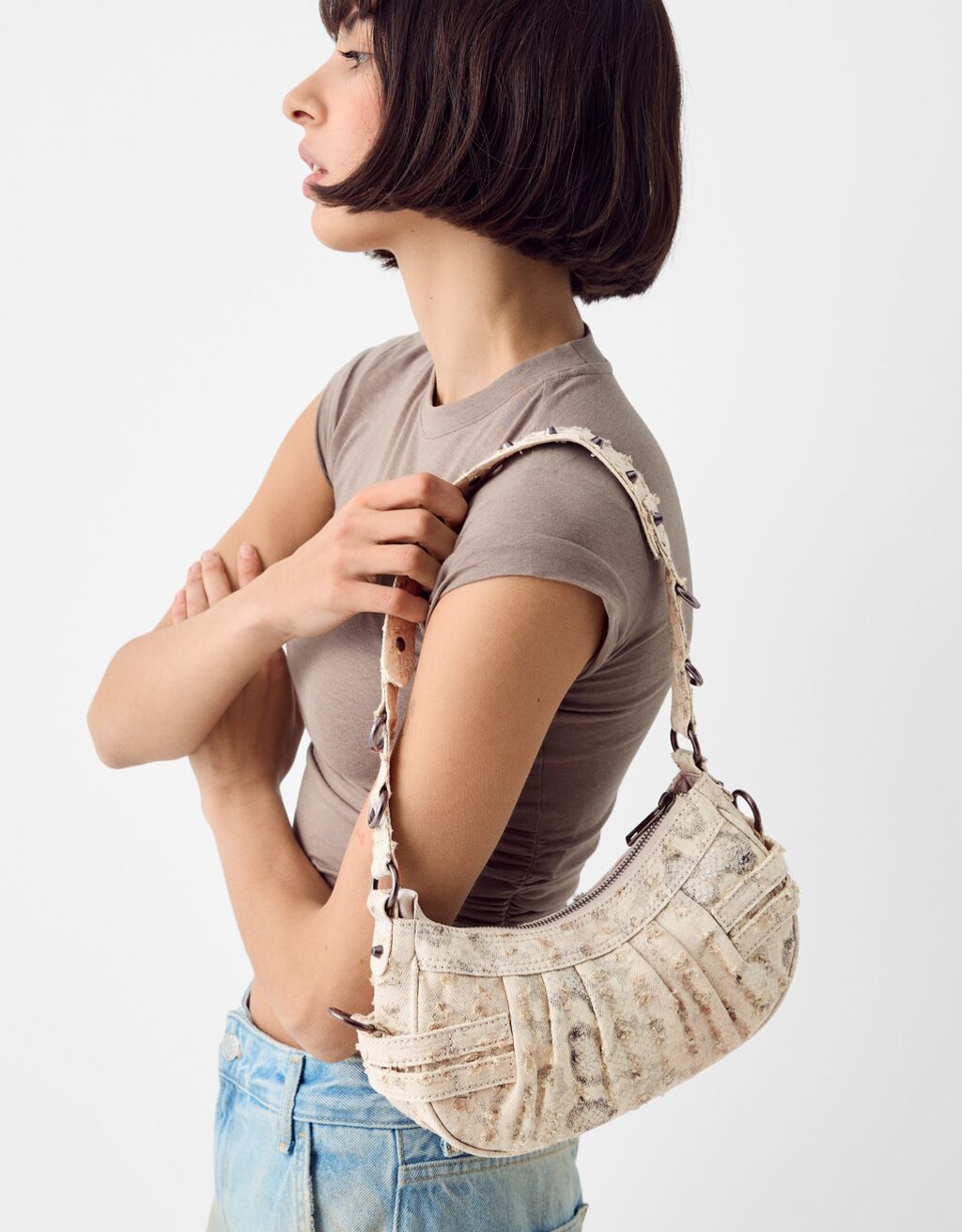 Studded shoulder bag-Beige-1