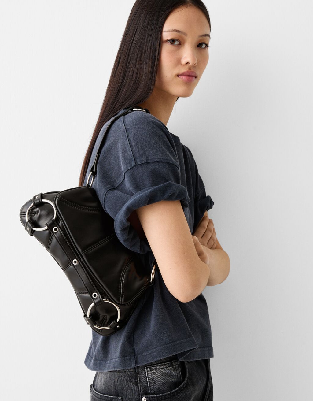 Double ring shoulder bag-Black-3