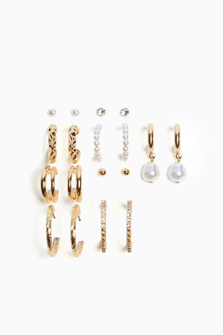 Set of 9 faux pearl rhinestone hoop earrings