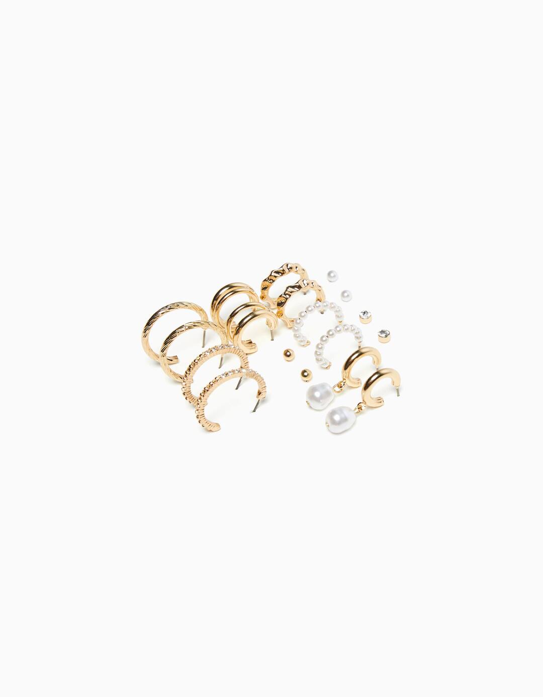 Set of 9 faux pearl rhinestone hoop earrings