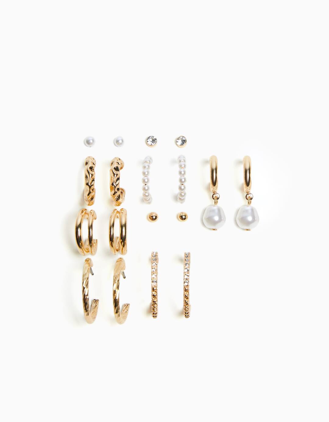 Set of 9 faux pearl rhinestone hoop earrings