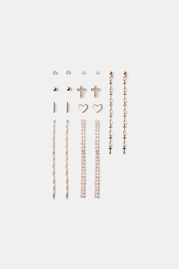 Set of 9 pairs of rhinestone-encrusted earrings with cross