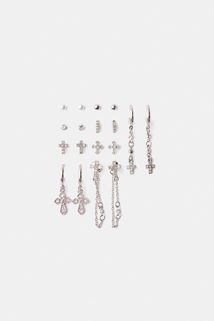 Set of 9 pairs of rhinestone-encrusted earrings with cross
