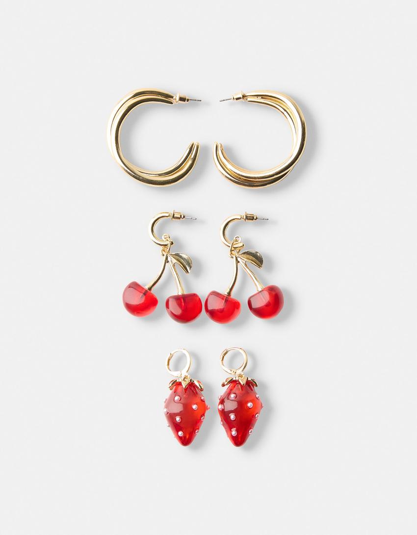 3-pack of cherry earrings-Gold-0
