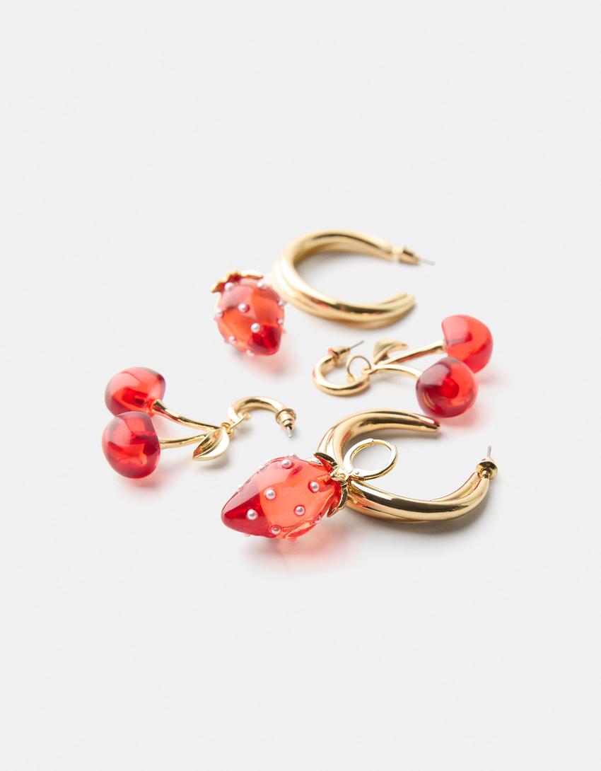 3-pack of cherry earrings-Gold-2