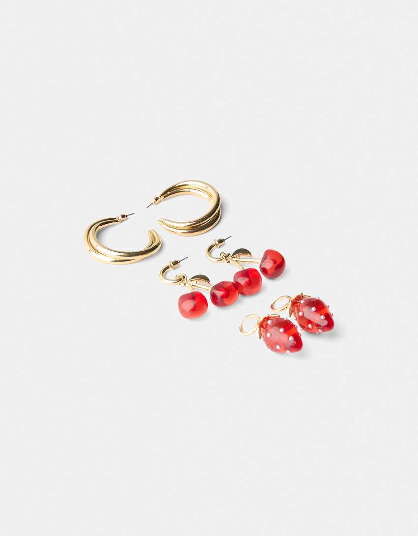 3-pack of cherry earrings-Gold-4