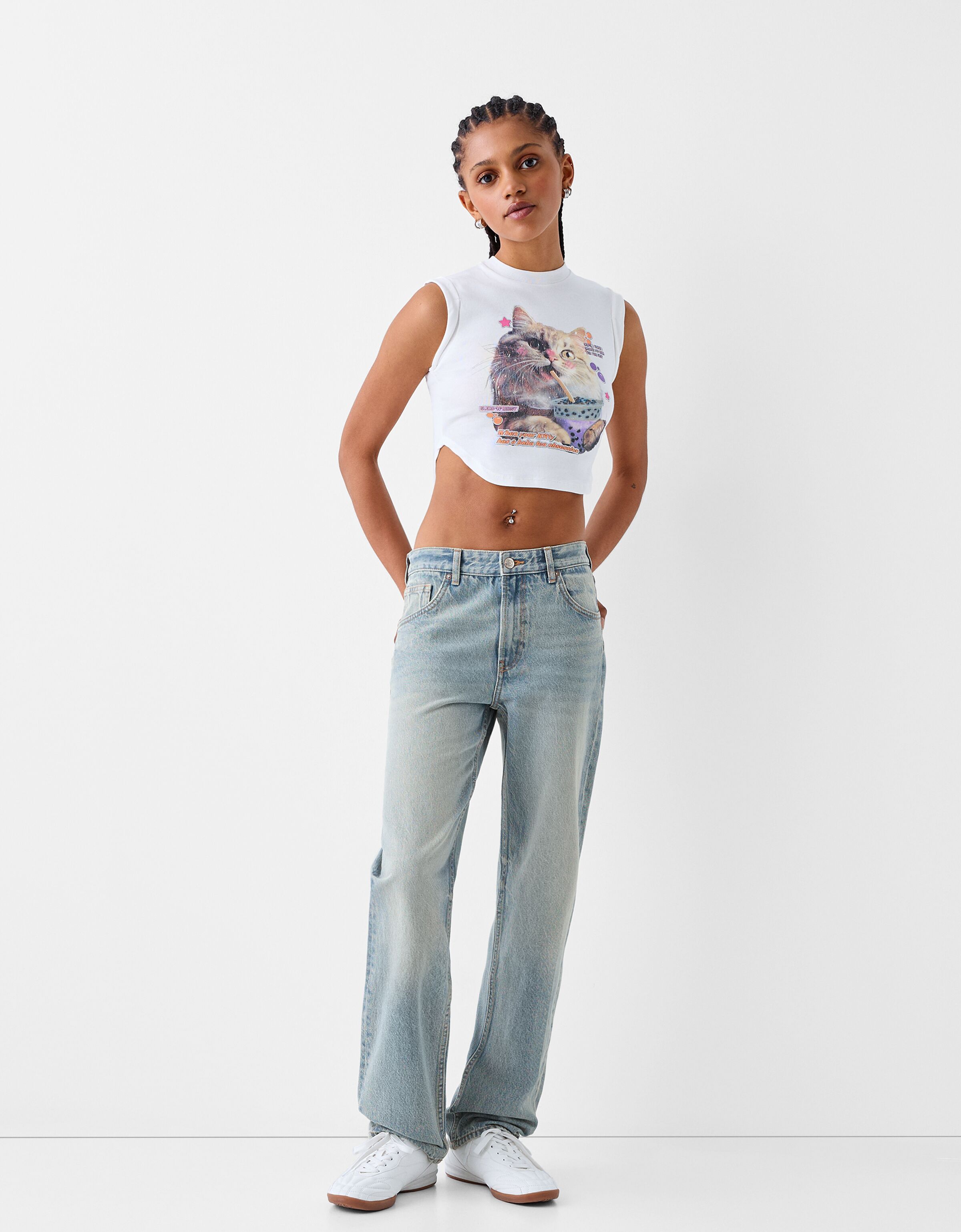 Bershka straight cropped clearance high waist jeans