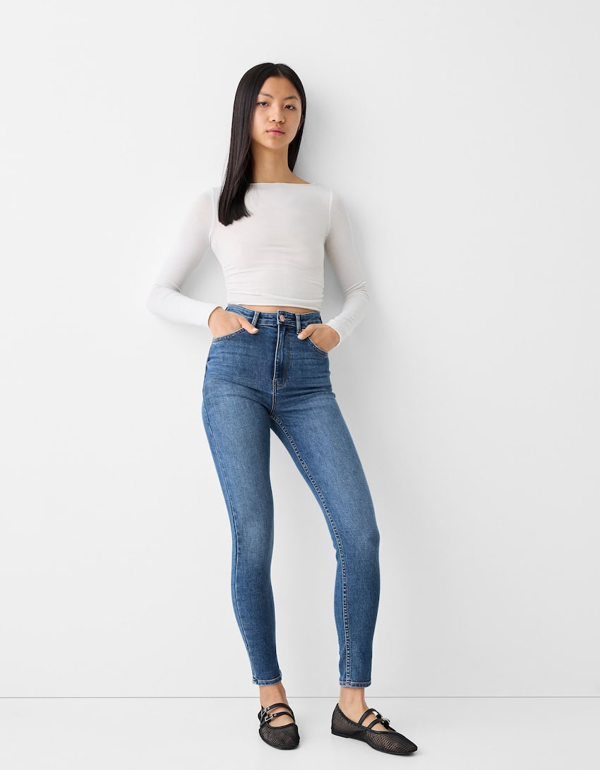 Super high waist skinny jeans-Light blue-0
