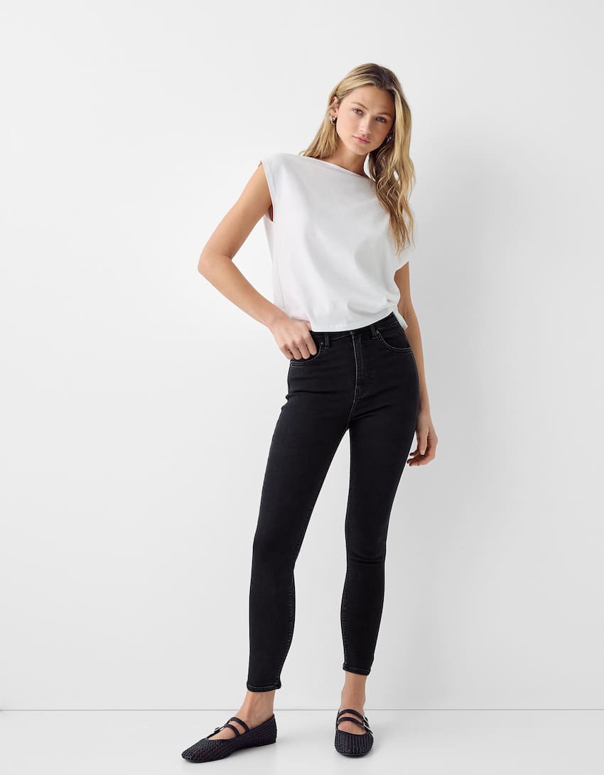 Super high waist skinny jeans-Black-0