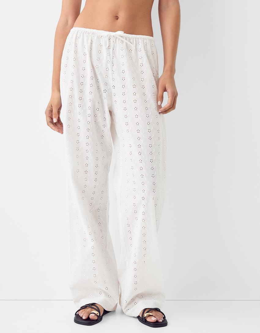Trousers with Swiss embroidery and elasticated waist-Cream-1