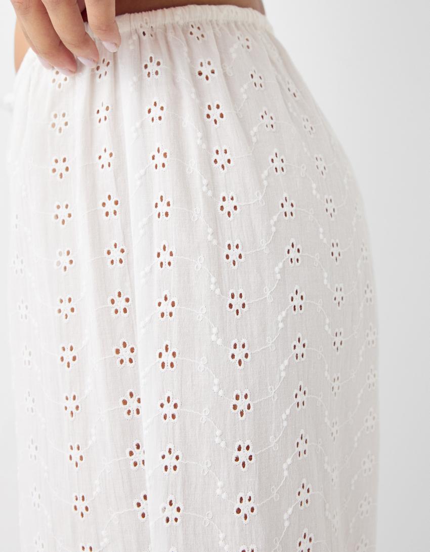 Trousers with Swiss embroidery and elasticated waist-Cream-5