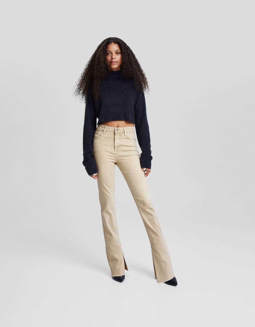 Cotton blend straight fit trousers with split hems