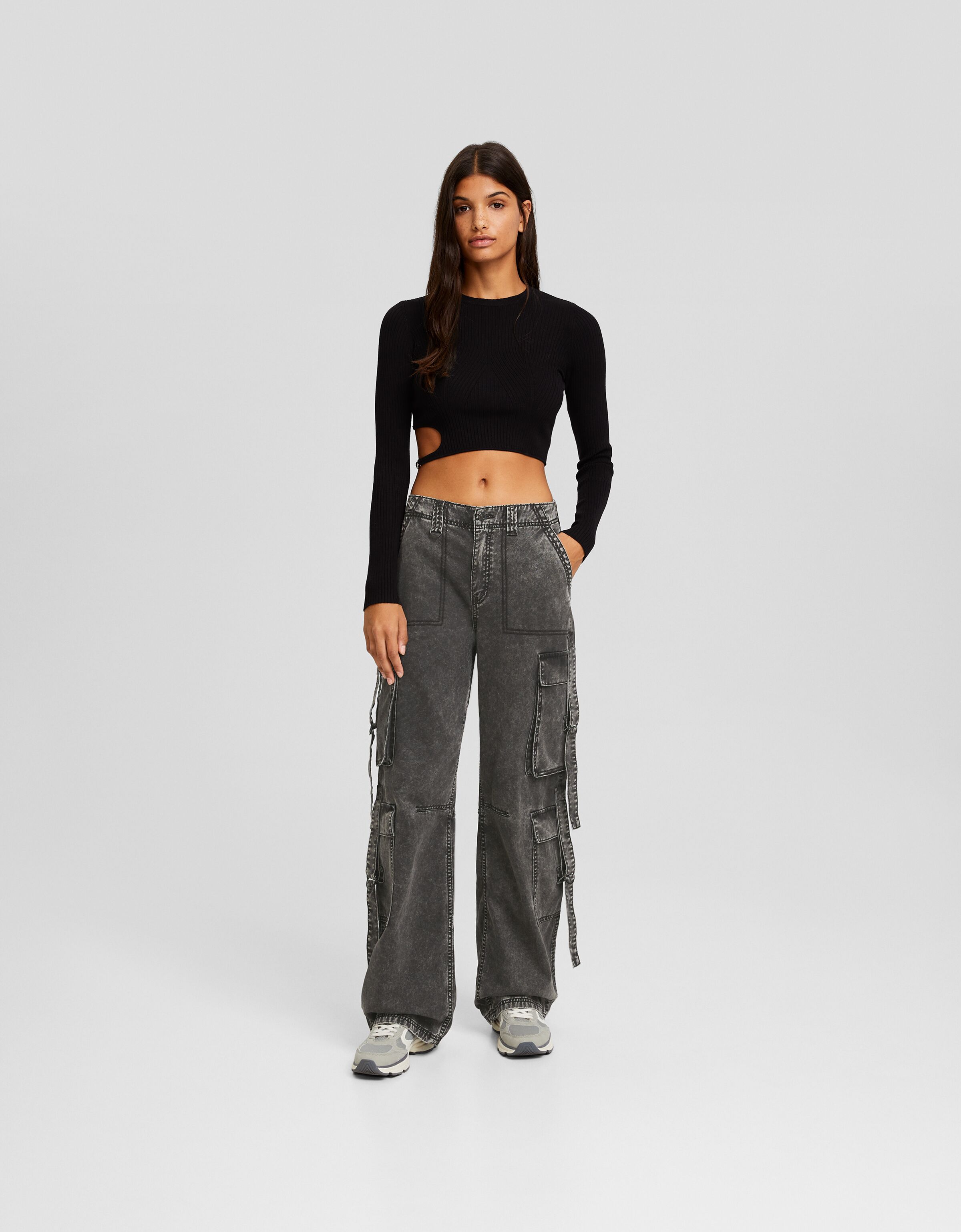 Cotton cargo trousers with straps Women Bershka