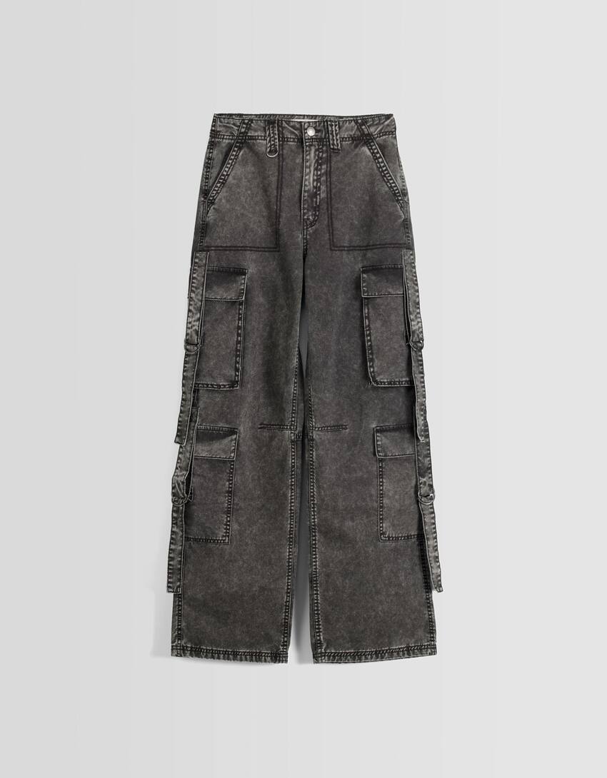 Cotton cargo trousers with straps-Grey-4
