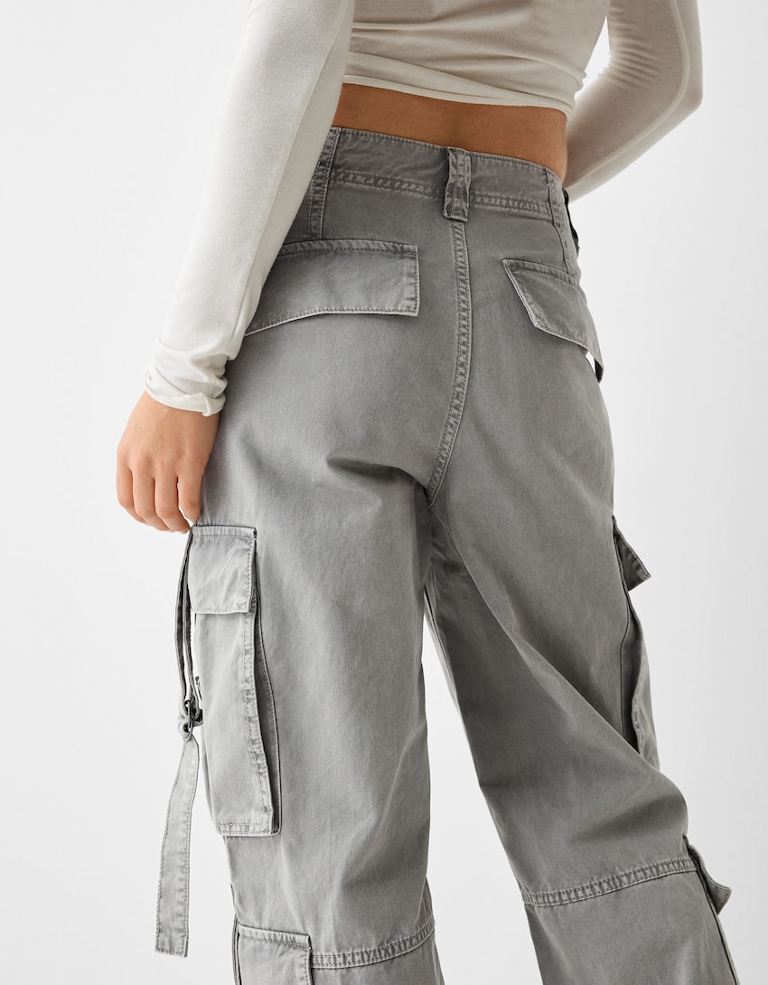 Cotton cargo trousers with straps-Grey-5
